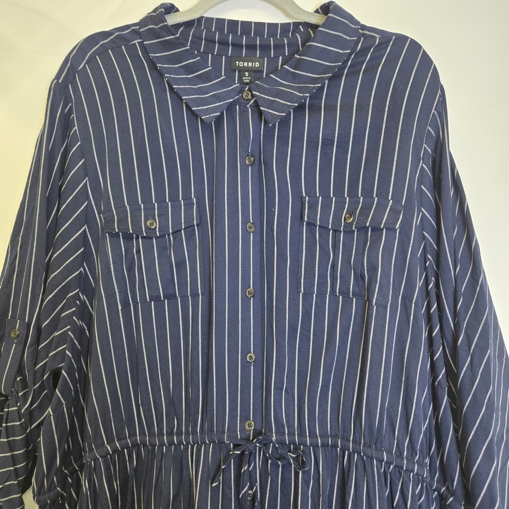 Torrid Pinstripe Midi Challis Shirt Dress Pockets Collared Drawstring Waist 5x
